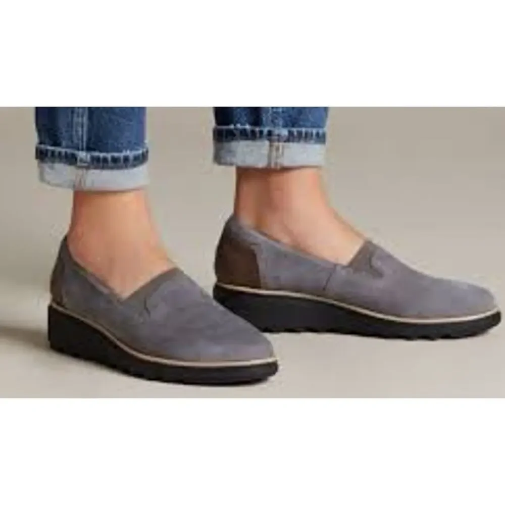 Clarks Sharon Dolly Suede Leather Comfort Slip on Shoes Gray Women’s Sz 9.5